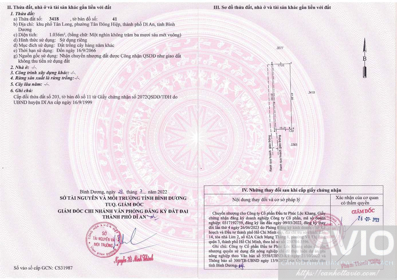 Mặt Sau Giấy Chứng Nhận Quyền Sử Dụng đất Tt Avio Hồ Chí Minh Thửa 3418