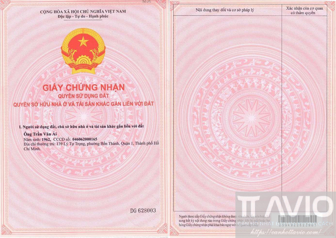 Mặt Trước Giấy Chứng Nhận Quyền Sử Dụng đất Tt Avio Hồ Chí Minh Thửa 3419