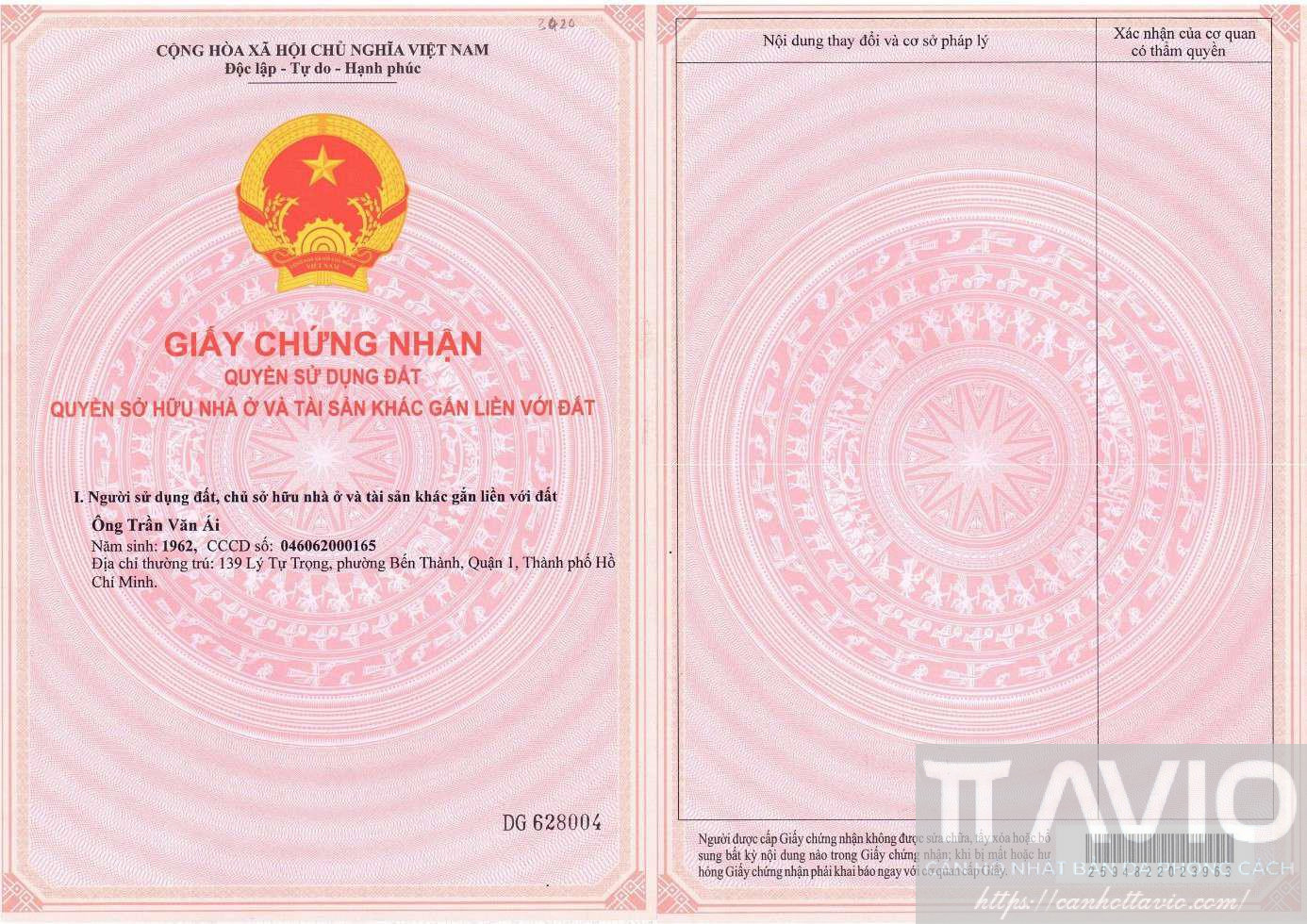 Mặt Trước Giấy Chứng Nhận Quyền Sử Dụng đất Tt Avio Hồ Chí Minh Thửa 3420